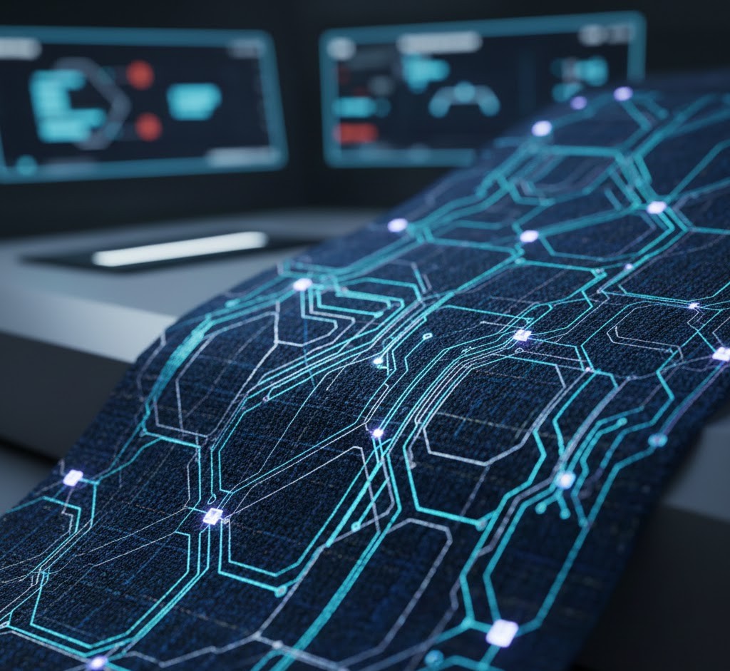 Smart textile sample showing conductive fibers